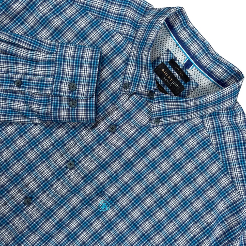 Ariat Pro Series Lonnie Fitted Shirt Mens XXL Blue Plaid Long Sleeve Button Down